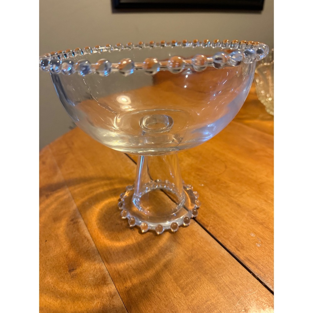 Clear Glass Beaded Rim Pedestal Bowl Footed Centerpiece Dish 7.5x8.5in